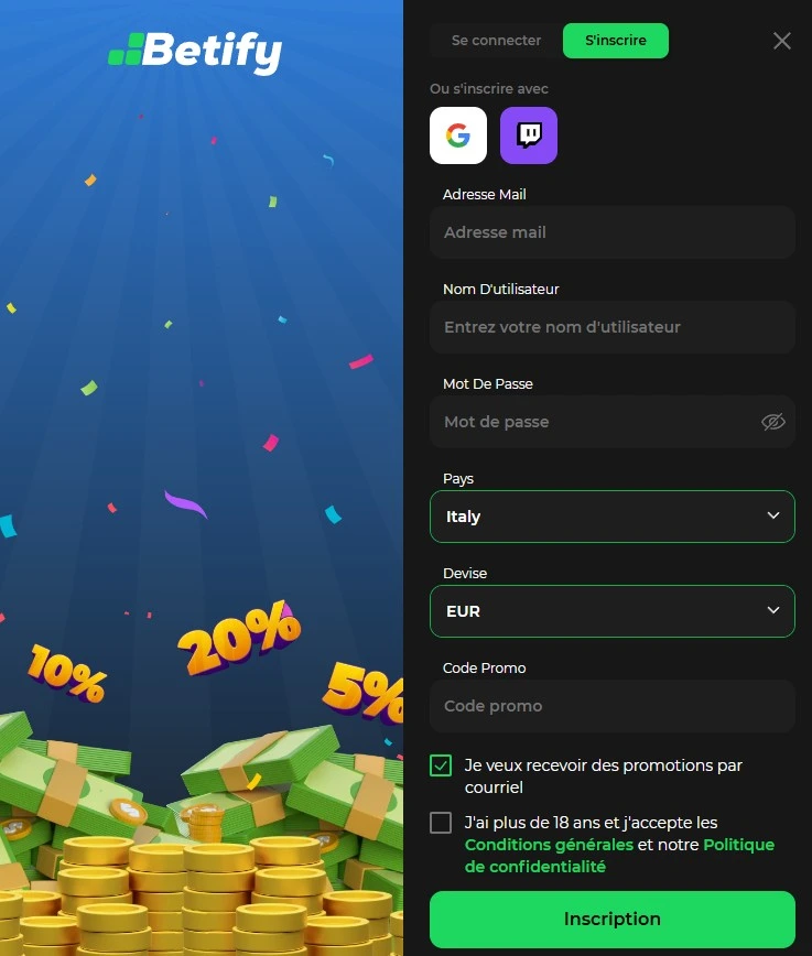 Comment s'inscrire sur Betify